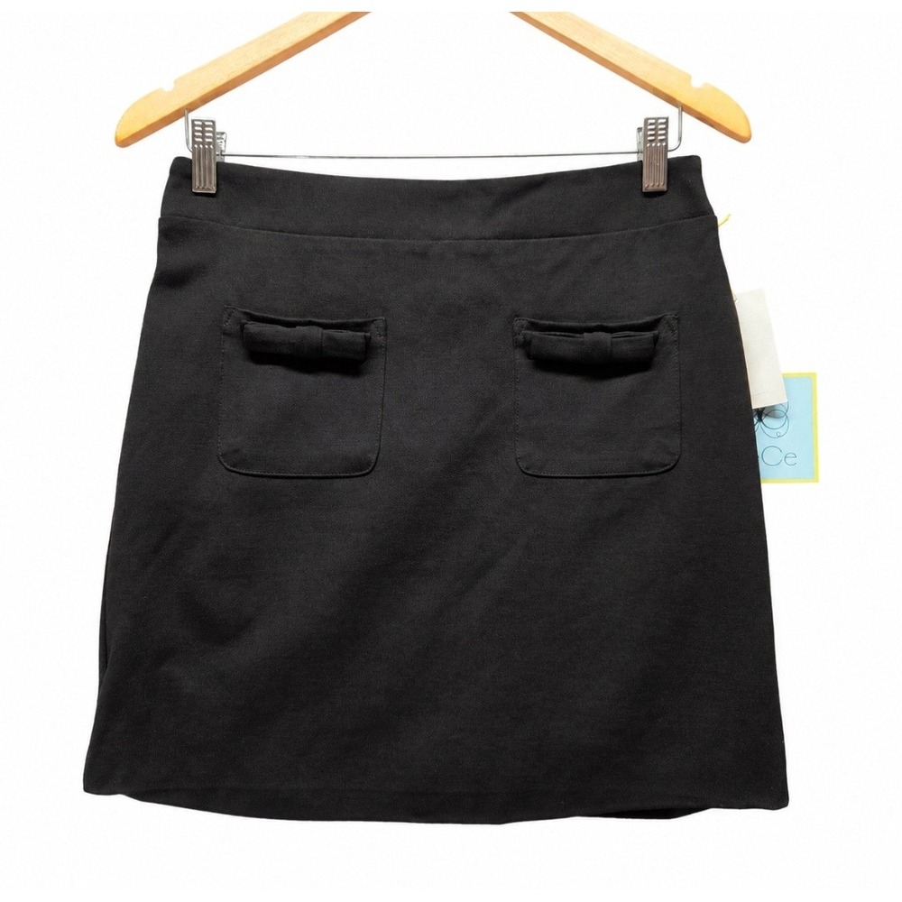 CeCe Bow Pocket Mini Skirt 6 Black Ponte Knit A-Line NWT Chic Office Preppy‎
